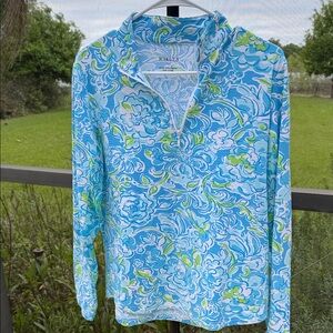 Icikuls Blue Floral Quarter-Zip Long Sleeve performance shirt